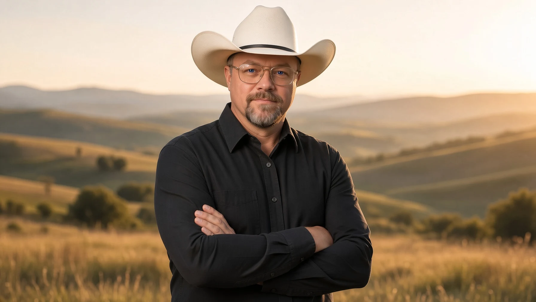 Chad Sanders with white cowboy hat, arms crossed, golden hour rolling hills behind him